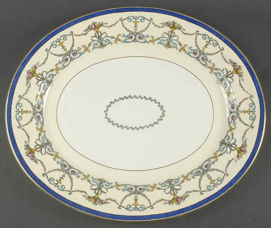 Bessborough Blue (Z809-2 Dark Blue Band, Floral) 15" Oval Serving Platter by Royal Worcester-1