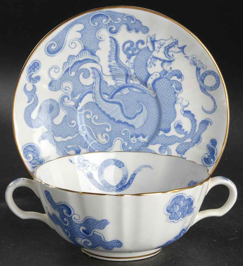 Blue Dragon (Warmstry, Fluted) Flat Cream Soup Bowl & Saucer Set by Royal Worcester-1