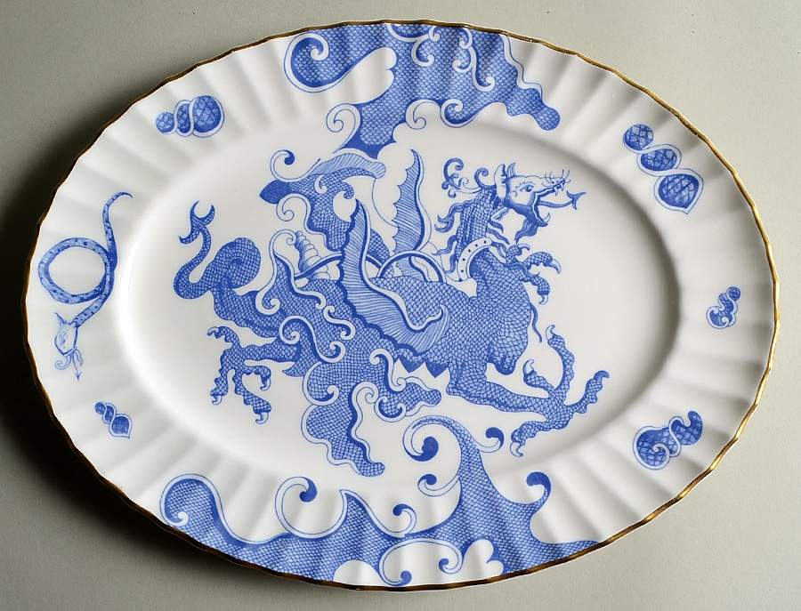 Blue Dragon (Warmstry, Fluted) 13" Oval Serving Platter by Royal Worcester-1