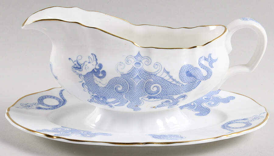 Blue Dragon (Coburg, Semiscalloped) Gravy Boat with Attached Underplate by Royal Worcester-1