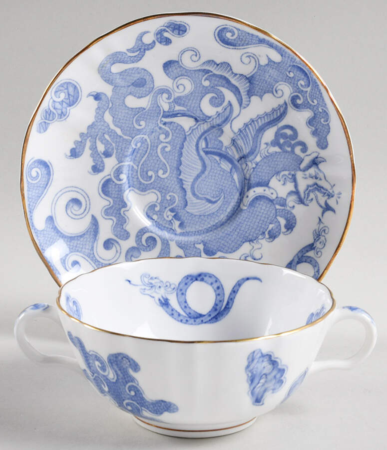 Blue Dragon (Coburg, Semiscalloped) Flat Cream Soup Bowl & Saucer Set by Royal Worcester-1