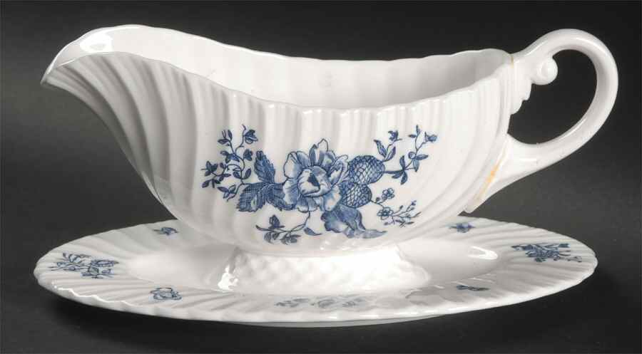 Blue Sprays (White) Gravy Boat with Attached Underplate by Royal Worcester-1