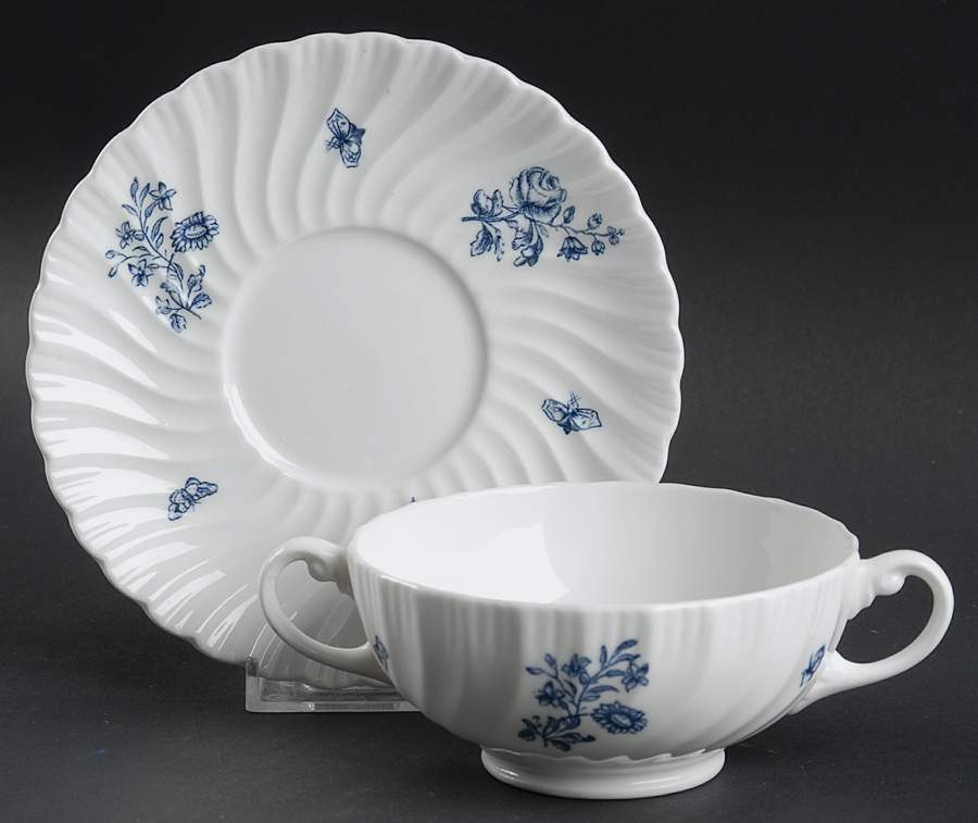 Blue Sprays (White) Footed Cream Soup Bowl & Saucer Set by Royal Worcester-1