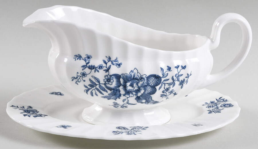 Blue Sprays (Ribbed) Gravy Boat & Underplate by Royal Worcester-1