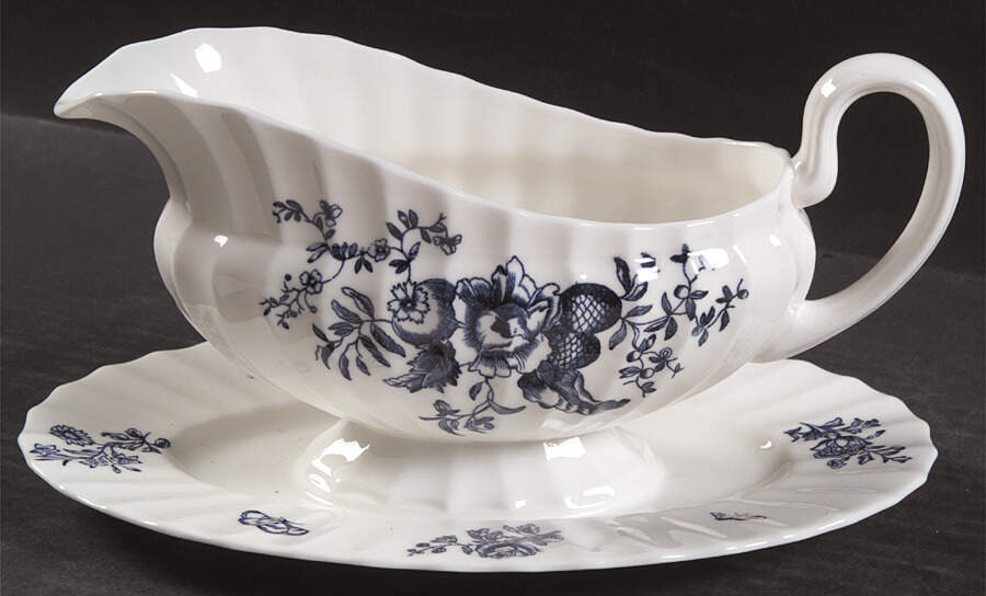 Blue Sprays (Ribbed) Gravy Boat with Attached Underplate by Royal Worcester-1