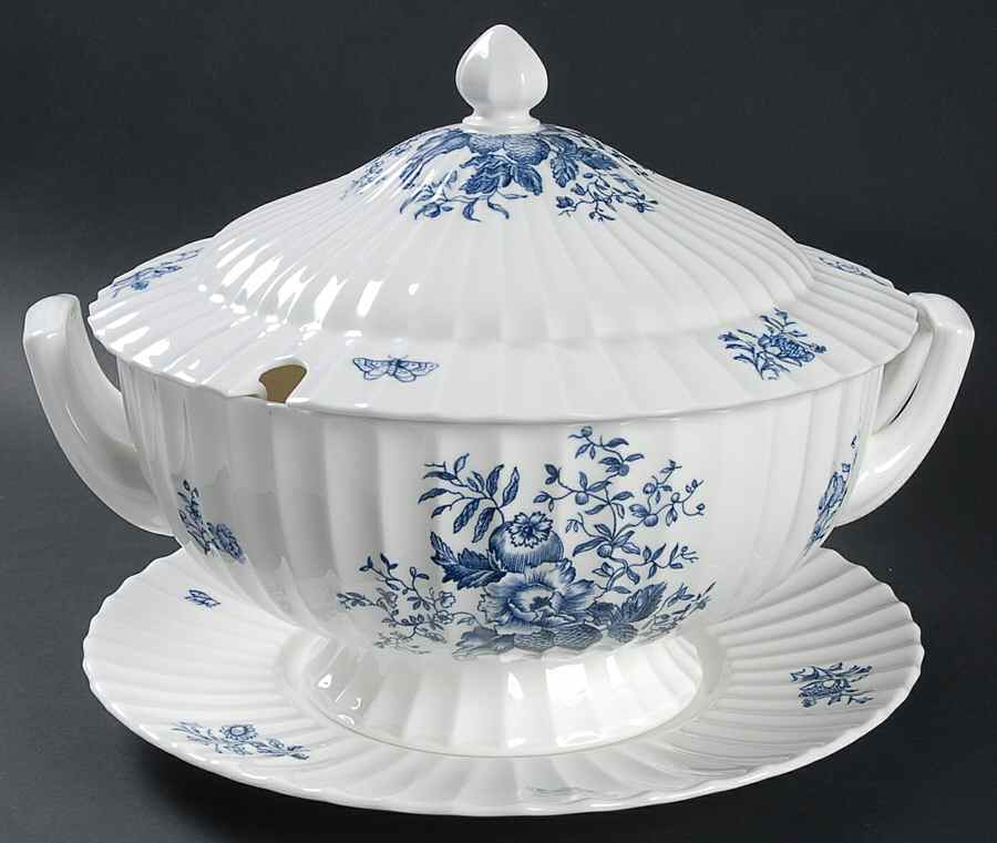 Blue Sprays (Ribbed) Tureen & Lid w/Underplate by Royal Worcester-1
