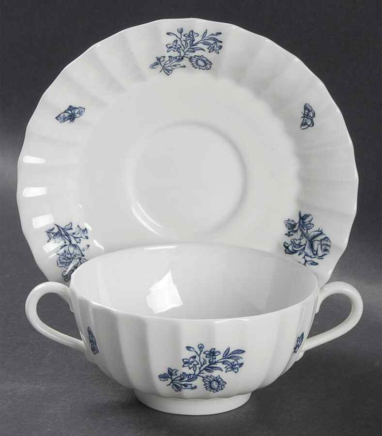 Blue Sprays (Ribbed) Footed Cream Soup Bowl & Saucer Set by Royal Worcester-1