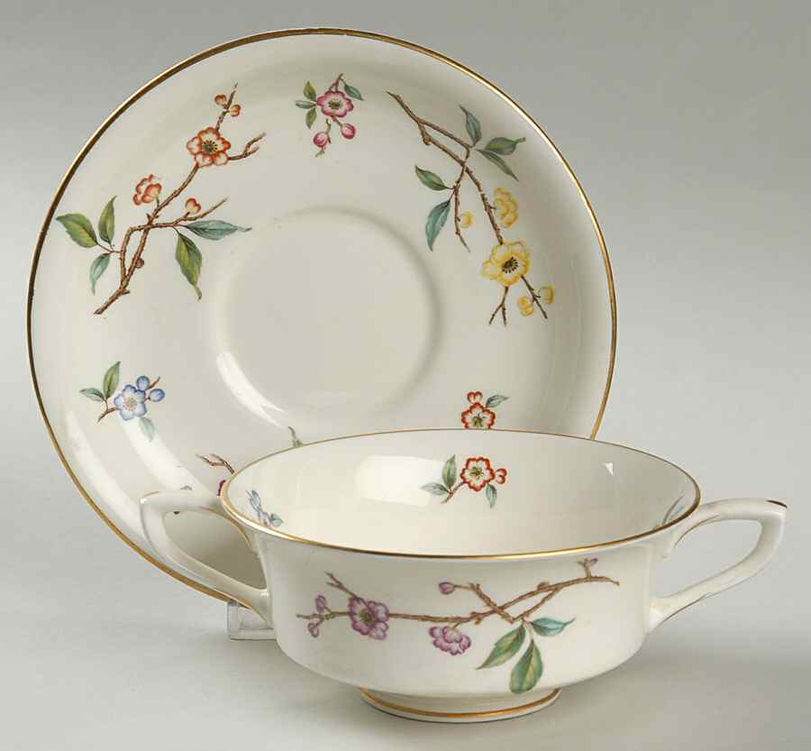 Blossom Time Footed Cream Soup Bowl & Saucer Set by Royal Worcester-1
