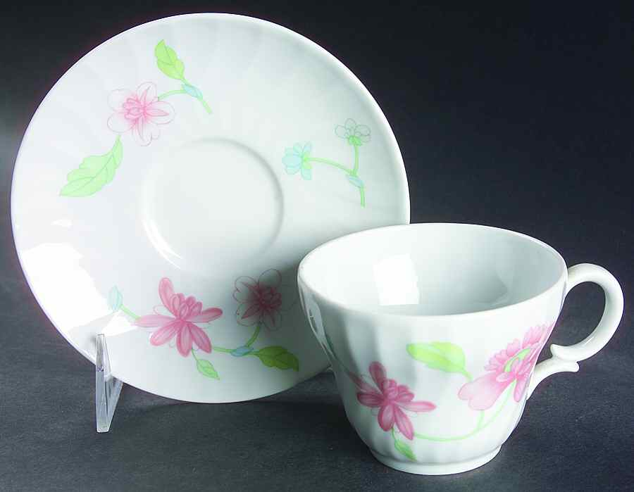 Bouquet (Pink Flowers) Flat Cup & Saucer Set by Royal Worcester-1
