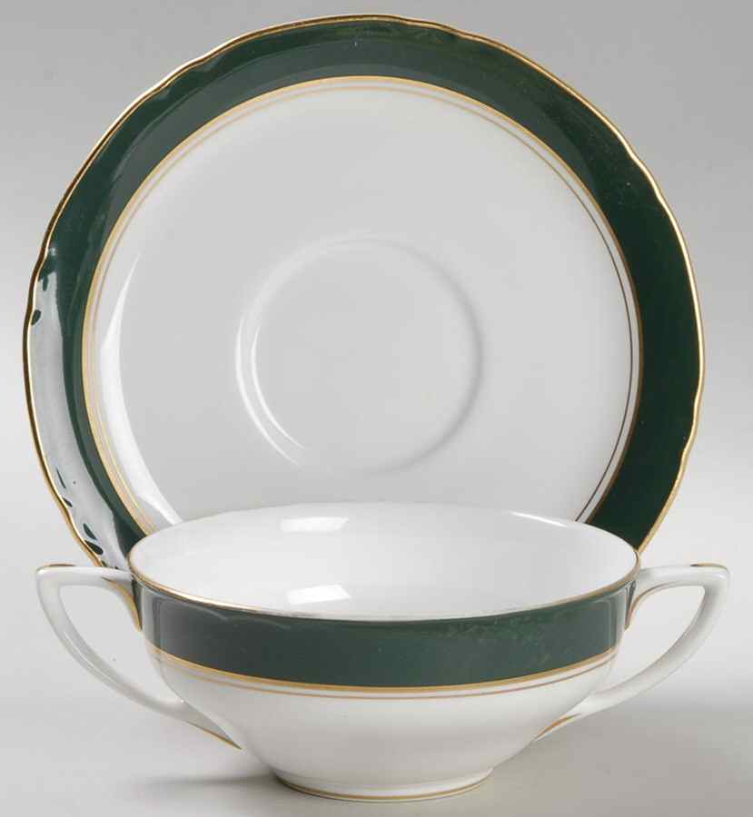 Cavendish Leather Green Flat Cream Soup Bowl & Saucer Set by Royal Worcester-1
