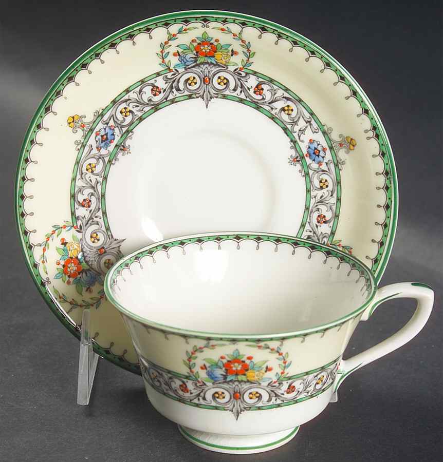 Chalons (Green Trim, No Center) Footed Cup & Saucer Set by Royal Worcester-1