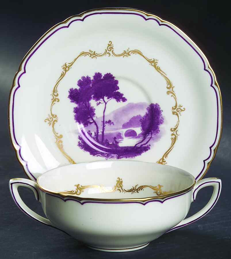 The Chamberlain Purple (Z184 1/2) Flat Cream Soup Bowl & Saucer Set by Royal Worcester-1