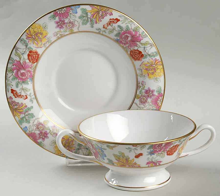 Chinese Garden Footed Cream Soup Bowl & Saucer Set by Royal Worcester-1