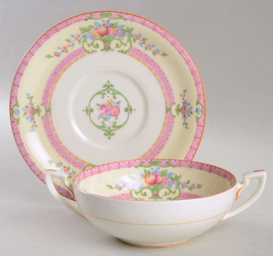 Cordova (Pink Border) Flat Cream Soup Bowl & Saucer Set by Royal Worcester-1