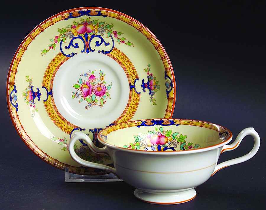 Cordova (Yellow Border)  Footed Bouillon Cup & Saucer by Royal Worcester-1