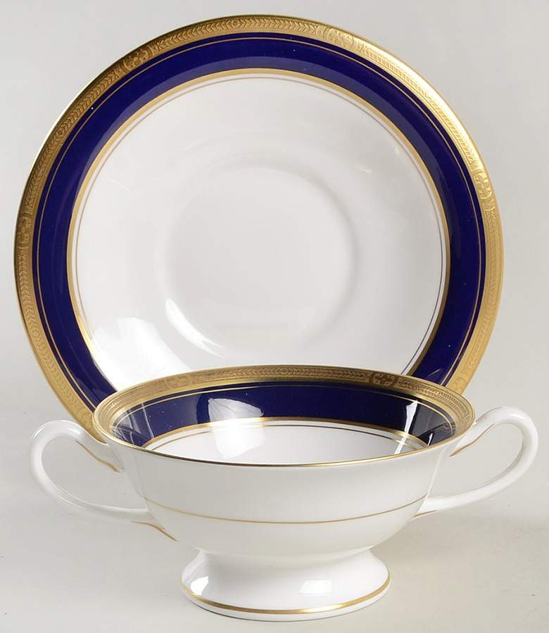Empire Blue Flat Cream Soup Bowl & Saucer Set by Royal Worcester-1
