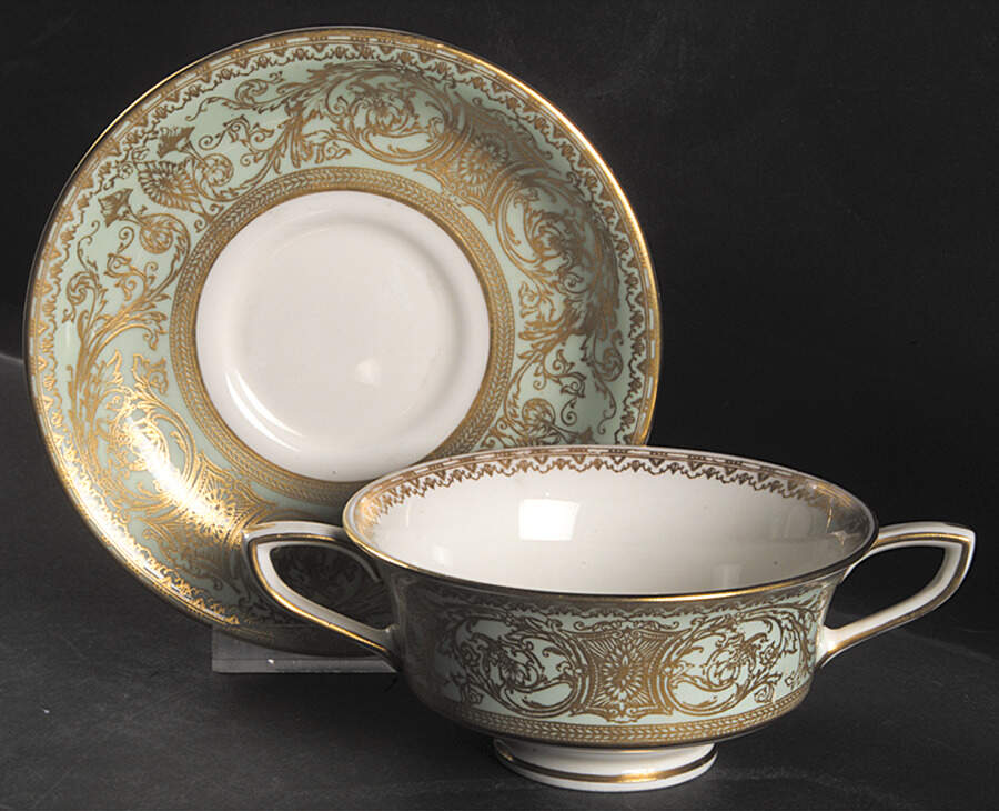 Embassy Light Green Footed Cream Soup Bowl & Saucer Set by Royal Worcester-1