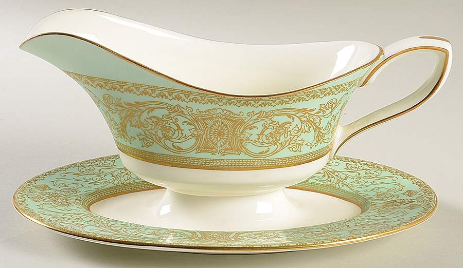 Embassy Light Green Gravy Boat with Attached Underplate by Royal Worcester-1