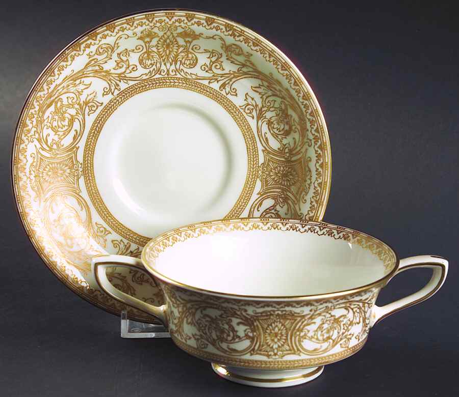 Embassy White and Gold Footed Cream Soup Bowl & Saucer Set by Royal Worcester-1