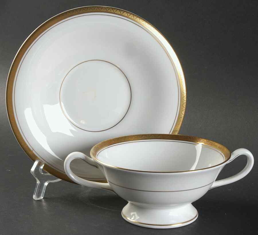 Empire (Gold Trim) Footed Cream Soup Bowl & Saucer Set by Royal Worcester-1