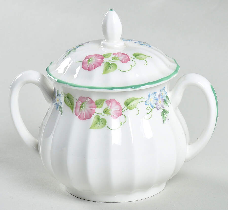 English Garden (Green Trim) Mini Sugar Bowl & Lid by Royal Worcester-1
