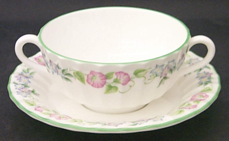 English Garden (Green Trim) Footed Cream Soup Bowl & Saucer Set by Royal Worcester-1