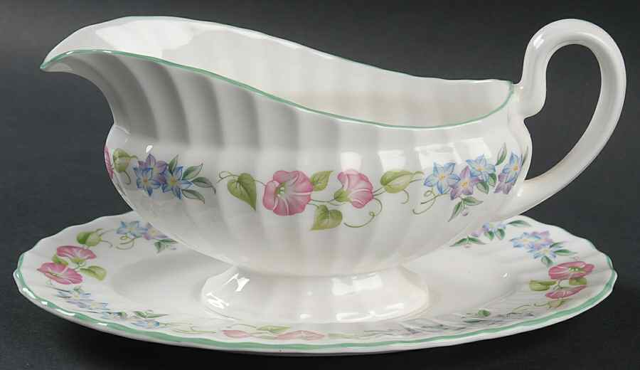 English Garden (Green Trim) Gravy Boat & Underplate by Royal Worcester-1