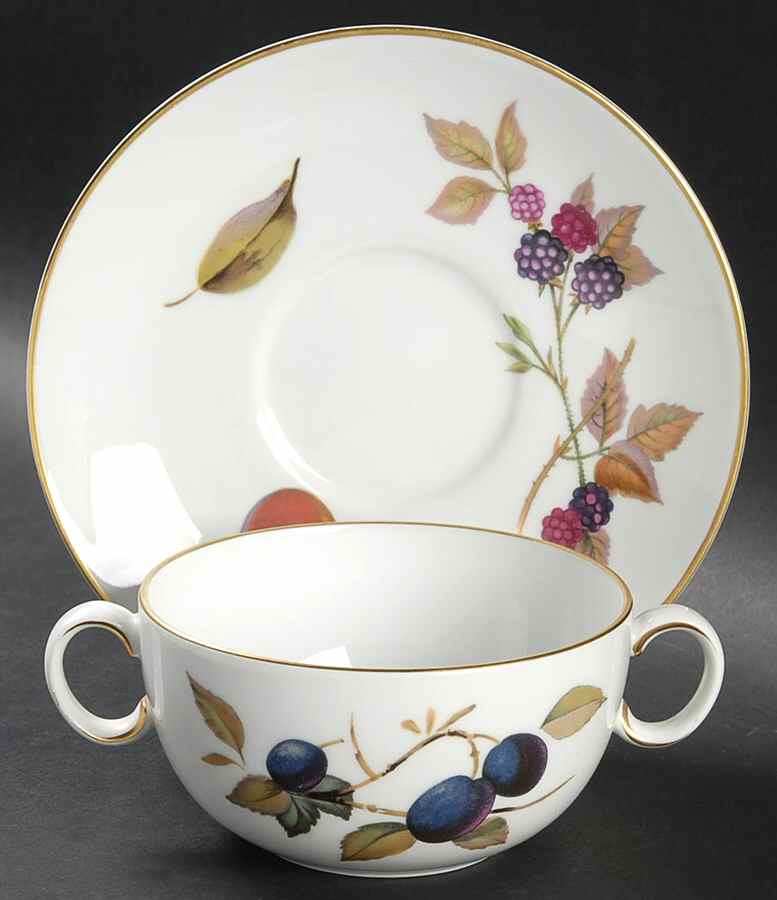 Evesham Gold Flat Cream Soup Bowl & Saucer Set by Royal Worcester-1