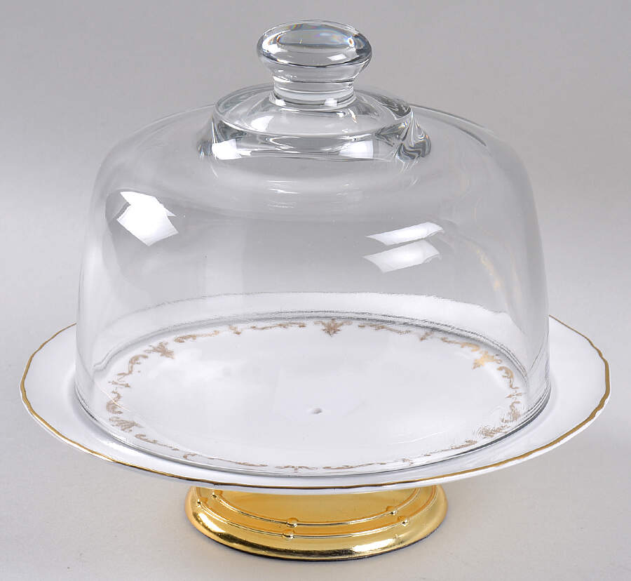 Gold Chantilly 6 1/2"-7 1/2" Footed Cheese Plate w/ Glass Dome HC by Royal Worcester-1