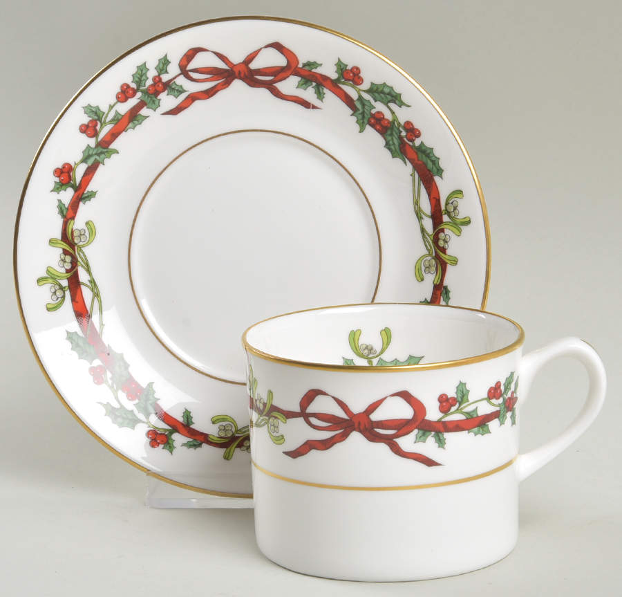 Holly Ribbons Flat Cup & Saucer Set by Royal Worcester-1