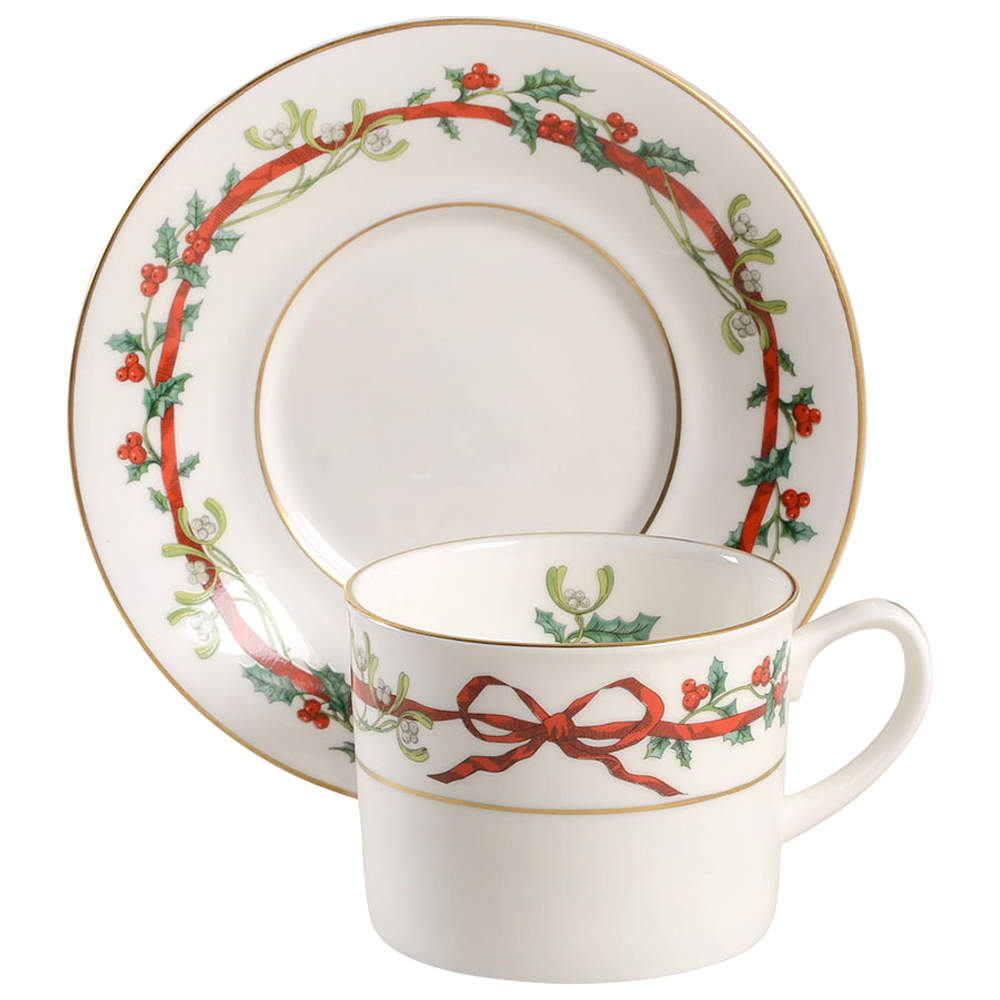 Holly Ribbons Flat Cup & Saucer Set by Royal Worcester-1