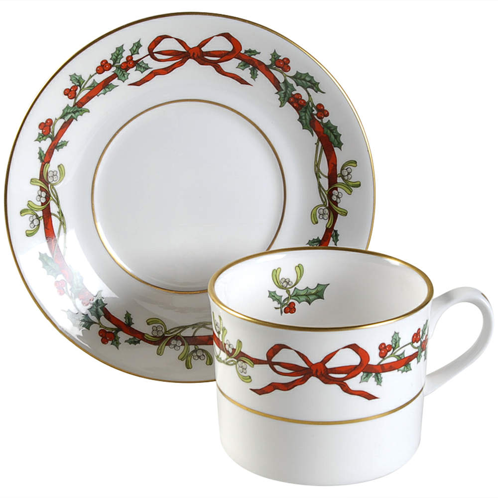 Holly Ribbons Flat Cup & Saucer Set by Royal Worcester-1