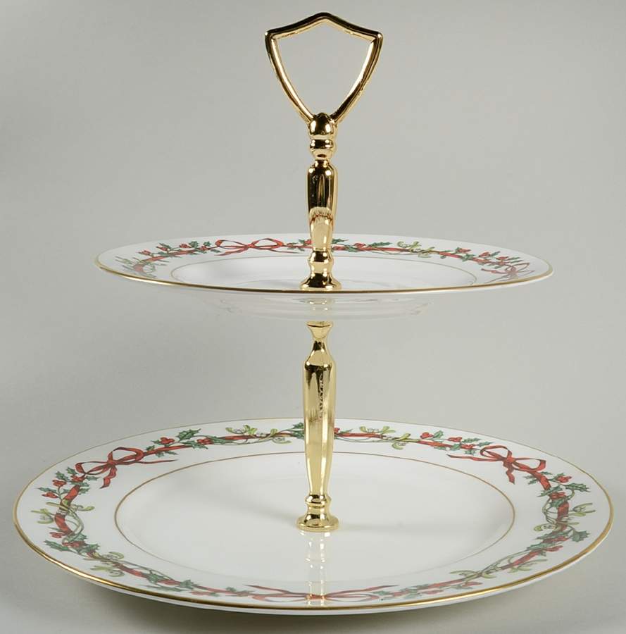Holly Ribbons 2 Tiered Serving Tray (Dinner & Salad Plate) by Royal Worcester-1