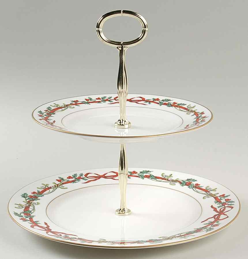 Holly Ribbons 2 Tiered Serving Tray (Dinner & Salad Plate) by Royal Worcester-1