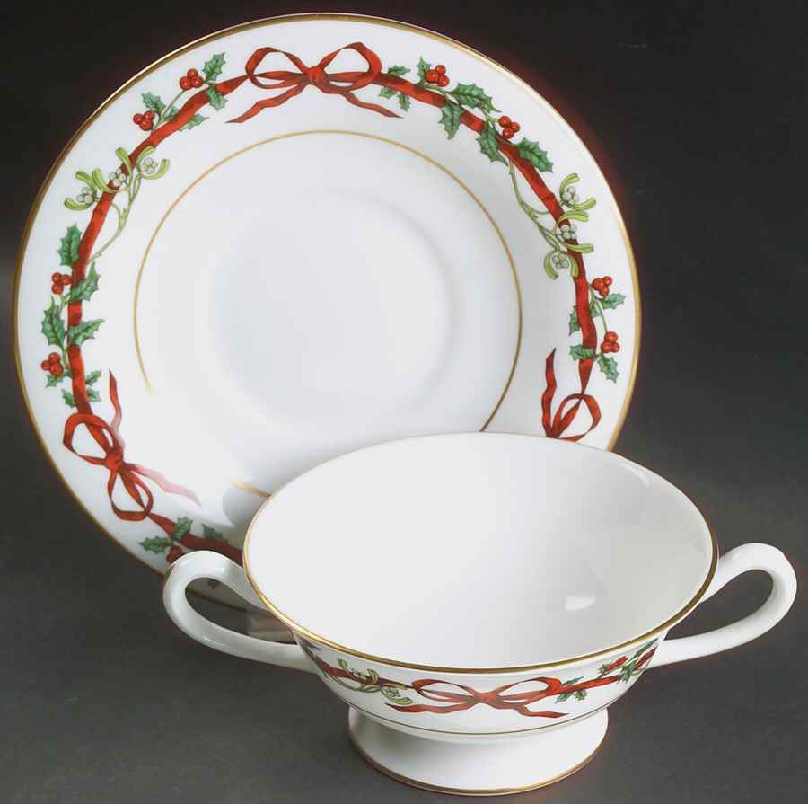 Holly Ribbons Footed Cream Soup Bowl & Saucer Set by Royal Worcester-1