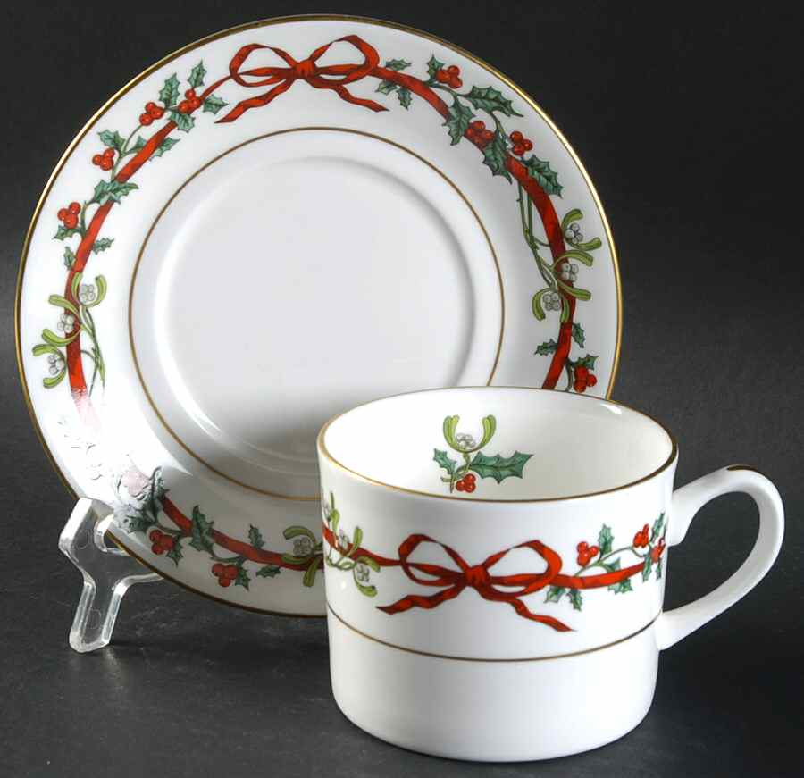 Holly Ribbons Flat Cup & Saucer Set by Royal Worcester-1