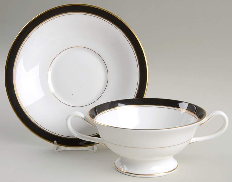 Howard Black (Gold Trim) Footed Cream Soup Bowl & Saucer Set by Royal Worcester-1