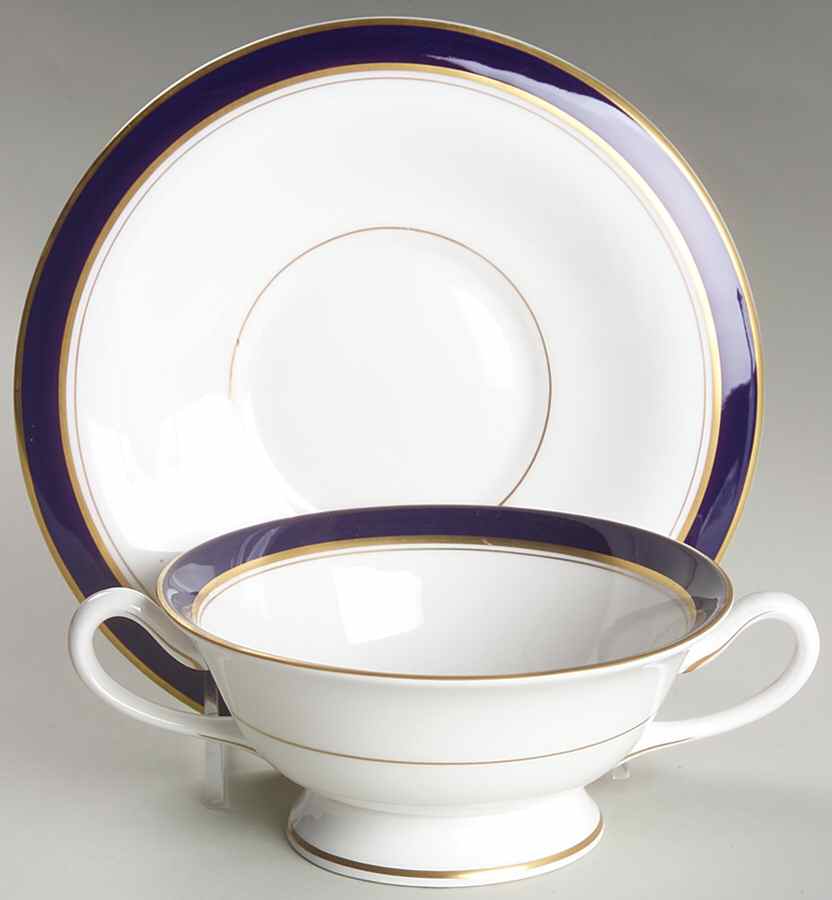 Howard-Cobalt Blue (Gold Trim) Footed Cream Soup Bowl & Saucer Set by Royal Worcester-1