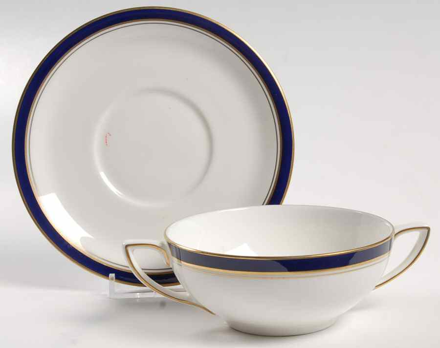 Howard-Cobalt Blue (Gold Trim) Flat Cream Soup Bowl & Saucer Set by Royal Worcester-1