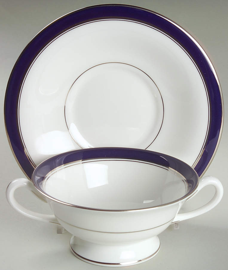 Howard Cobalt Blue (Platinum Trim) Footed Cream Soup Bowl & Saucer Set by Royal Worcester-1