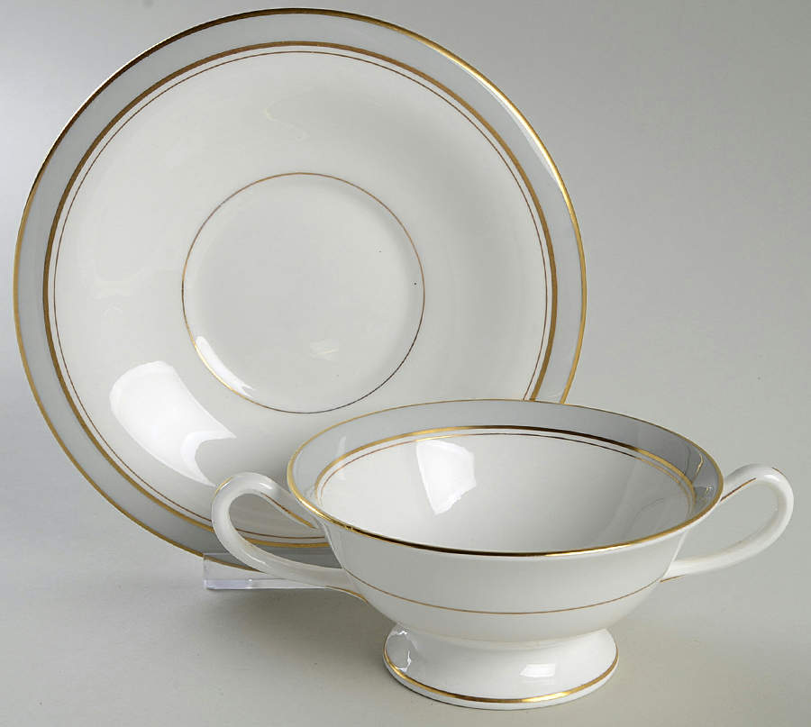 Howard Gray (Gold Trim) Footed Cream Soup Bowl & Saucer Set by Royal Worcester-1
