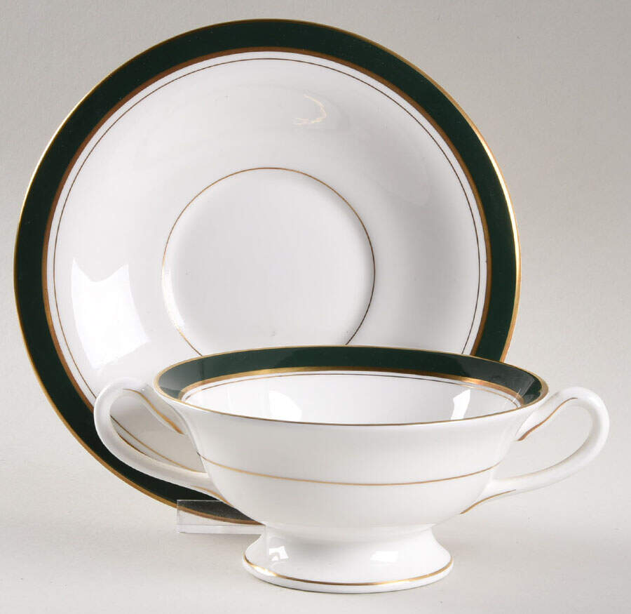 Howard Leather Green Footed Cream Soup Bowl & Saucer Set by Royal Worcester-1