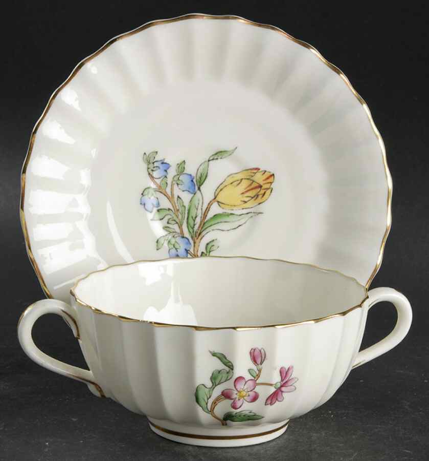 Indian Sprays Footed Cream Soup Bowl & Saucer Set by Royal Worcester-1