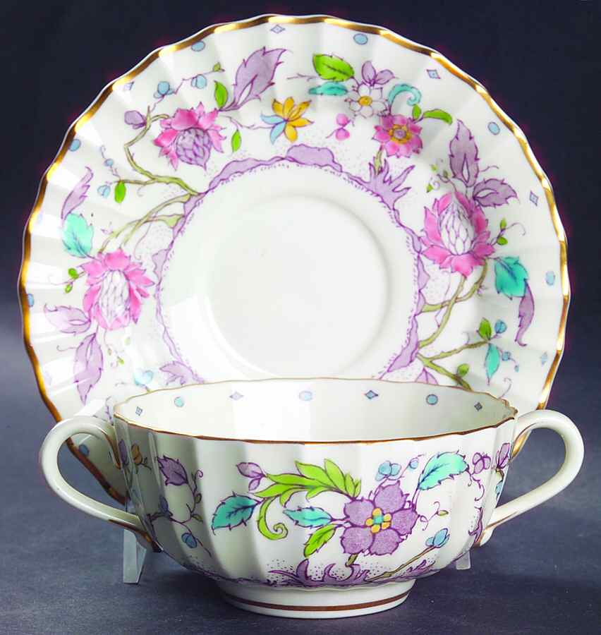 Kashmir (Ribbed) Flat Cream Soup Bowl & Saucer Set by Royal Worcester-1