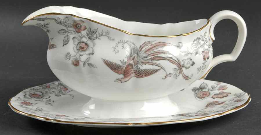 Lakme Pink and Gray Gravy Boat with Attached Underplate by Royal Worcester-1