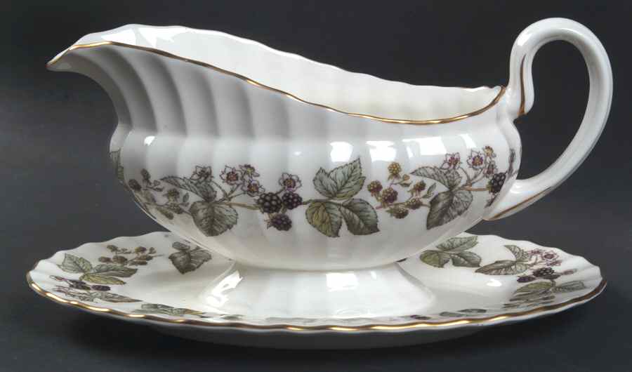 Lavinia (White Body, Bone) Gravy Boat with Attached Underplate by Royal Worcester-1