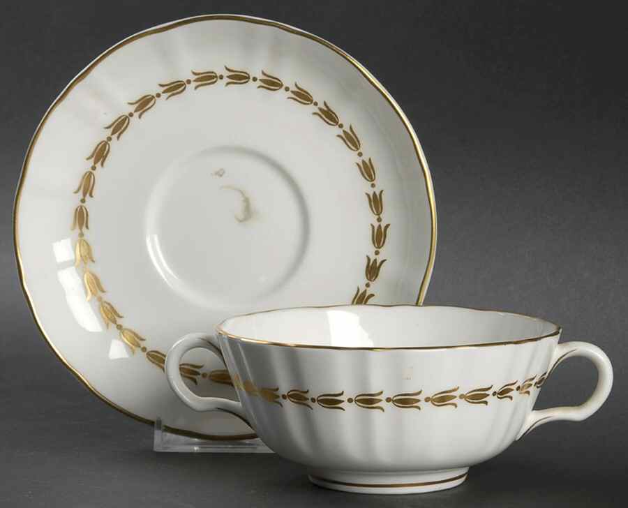 Lotus Gold and White Footed Cream Soup Bowl & Saucer Set by Royal Worcester-1