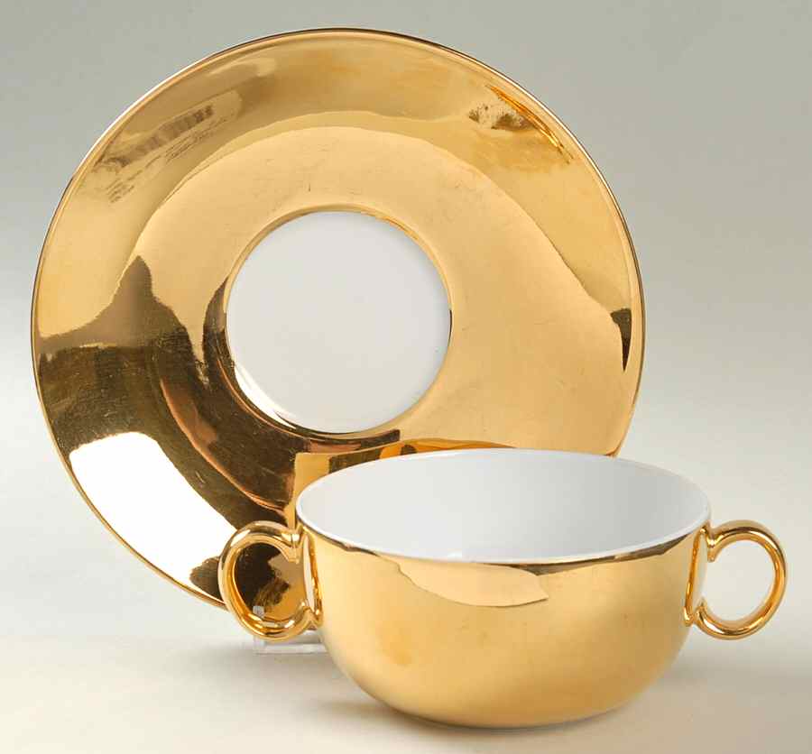Lustre Gold Flat Cream Soup Bowl & Saucer Set by Royal Worcester-1