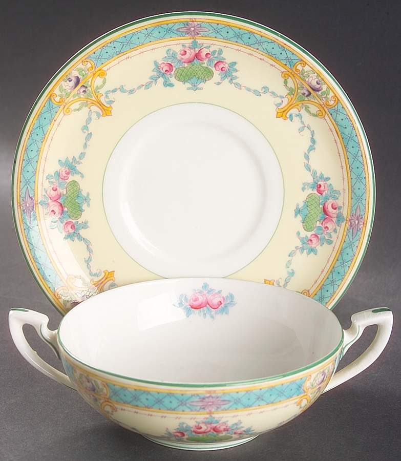 Melba Cream Rim Flat Cream Soup Bowl & Saucer Set by Royal Worcester-1