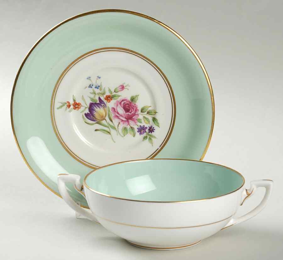 Miranda Light Green Flat Cream Soup Bowl & Saucer Set by Royal Worcester-1